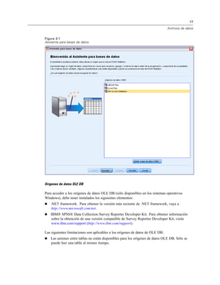 17
Archivos de datos
Figura 3-1
Asistente para bases de datos
Orígenes de datos OLE DB
Para acceder a los orígenes de datos OLE DB (sólo disponibles en los sistemas operativos
Windows), debe tener instalados los siguientes elementos:
 .NET framework. Para obtener la versión más reciente de .NET framework, vaya a
http://www.microsoft.com/net.
 IBM® SPSS® Data Collection Survey Reporter Developer Kit. Para obtener información
sobre la obtención de una versión compatible de Survey Reporter Developer Kit, visite
www.ibm.com/support (http://www.ibm.com/support).
Las siguientes limitaciones son aplicables a los orígenes de datos de OLE DB:
 Las uniones entre tablas no están disponibles para los orígenes de datos OLE DB. Sólo se
puede leer una tabla al mismo tiempo.
 