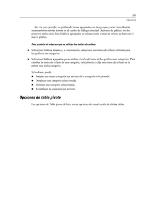 351
Opciones
Si crea, por ejemplo, un gráfico de barras agrupadas con dos grupos y selecciona Mostrar
sucesivamente sólo las tramas en el cuadro de diálogo principal Opciones de gráfico, los dos
primeros estilos de la lista Gráficos agrupados se utilizan como tramas de relleno de barra en el
nuevo gráfico.
Para cambiar el orden en que se utilizan los estilos de relleno
E Seleccione Gráficos simples y, a continuación, seleccione una trama de relleno utilizada para
los gráficos sin categorías.
E Seleccione Gráficos agrupados para cambiar el ciclo de trama de los gráficos con categorías. Para
cambiar la trama de relleno de una categoría, selecciónela y elija una trama de relleno en la
paleta para dicha categoría.
Si lo desea, puede:
 Insertar una nueva categoría por encima de la categoría seleccionada.
 Desplazar una categoría seleccionada.
 Eliminar una categoría seleccionada.
 Restablecer la secuencia por defecto.
Opciones de tabla pivote
Las opciones de Tabla pivote definen varias opciones de visualización de dichas tablas.
 
