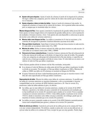 353
Opciones
 Ajustar sólo para etiquetas. Ajusta el ancho de columna al ancho de la etiqueta de la columna.
Da lugar a tablas más compactas, pero los valores de los datos más anchos que la etiqueta
no se truncarán.
 Ajustar etiquetas y datos en todas las tablas. Ajusta el ancho de columna al más ancho: la
etiqueta de columna y el mayor de los valores de los datos. Así se generan tablas más anchas,
pero se asegura que se mostrarán todos los valores.
Mostrar bloques de filas. Estos ajustes controlan la visualización de grandes tablas pivote del visor.
Estos ajustes no tienen ningún efecto en la impresión de grandes tablas pivote o en la exportación
de resultados a formatos externos. (Nota: Esta opción sólo está disponible si selecciona la opción
de mostrar como tablas de versiones anteriores.)
 Mostrar tabla como bloques de filas. Las tablas se muestran en el visor en secciones, y los
controles de navegación le permiten visualizar diferentes secciones de la tabla.
 Filas que deben visualizarse. Especifique el número de filas que desea mostrar en cada sección.
El valor debe ser un número entero entre 10 y 1000.
 Máximo de celdas. Define el número máximo de celdas que desea mostrar en cada sección. El
valor debe ser un número entero entre 1000 y 100000.
 Tolerancia de líneas viudas/huérfanas: Controla el número máximo de filas de la dimensión de
la fila más interna de la tabla que se dividirán a lo largo de las vistas de la tabla. Por ejemplo,
si hay seis categorías en cada grupo de la dimensión de la fila más interna, si especifica un
valor de seis, evitará que un grupo se divida en varias vistas. El valor debe ser un entero y ser
inferior al valor de Filas que deben visualizarse.
Varios factores pueden afectar al número real de filas mostradas, incluyendo:
 Si se alcanza el valor de Máximo de celdas antes del de Filas que deben visualizarse, la tabla
se divide en ese punto. Por ejemplo, si Filas que deben visualizarse es 1000 y Máximo de
celdas es 10000, una tabla con 20 columnas se mostrará en bloques de 500 filas.
 El ajuste Tolerancia de líneas viudas/huérfanas puede provocar que se muestren menos o más
filas del valor especificado en Filas que deben visualizarse.
Representación de tabla. Muestra las tablas como tablas de versiones anteriores. Es posible que
las tablas de versiones anteriores se muestren lentamente y sólo se recomiendan si necesita
compatibilidad con las versiones de SPSS Statistics anteriores a 20. Para la versión 20 y
posteriores, todas las tablas admiten el giro y la edición.
 Las tablas, que no sean tablas de versiones anteriores, creadas en la versión 20 de SPSS
Statistics o posterior y las tablas con poco contenido de los documentos de resultados que
se han modificado en la versión 20 o posterior (pero creadas en la versión 19) no se pueden
visualizar en versiones anteriores a 19.0.0.2. Estas tablas pueden visualizarse en la versión
19.0.0.2, donde se muestran como tablas con poco contenido; sin embargo, puede que no
muestren el mismo contenido que en la versión 20 o posterior.
 Las tablas con poco contenido creadas en la versión 19 de SPSS Statistics automáticamente
tienen total compatibilidad para girarse y editarse en la versión 20 o posterior.
Modo de edición por defecto. Controla la activación de las tablas pivote en la ventana del Visor
o en una ventana independiente. Por defecto, cuando se pulsa dos veces en una tabla pivote, se
activan todas las tablas en la ventana del Visor, excepto las que son muy grandes. Puede elegir
 