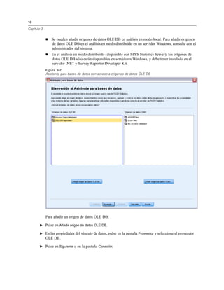 18
Capítulo 3
 Se pueden añadir orígenes de datos OLE DB en análisis en modo local. Para añadir orígenes
de datos OLE DB en el análisis en modo distribuido en un servidor Windows, consulte con el
administrador del sistema.
 En el análisis en modo distribuido (disponible con SPSS Statistics Server), los orígenes de
datos OLE DB sólo están disponibles en servidores Windows, y debe tener instalado en el
servidor .NET y Survey Reporter Developer Kit.
Figura 3-2
Asistente para bases de datos con acceso a orígenes de datos OLE DB
Para añadir un origen de datos OLE DB:
E Pulse en Añadir origen de datos OLE DB.
E En las propiedades del vínculo de datos, pulse en la pestaña Proveedor y seleccione el proveedor
OLE DB.
E Pulse en Siguiente o en la pestaña Conexión.
 