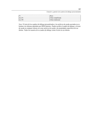 397
Creación y gestión de cuadros de diálogo personalizados
ru Ruso
zh_CN Chino simplificado
zh_TW Chino tradicional
Nota: El texto de los cuadros de diálogo personalizados y los archivos de ayuda asociados no se
limitan a los idiomas admitidos por SPSS Statistics. Puede escribir el cuadro de diálogo y el texto
de ayuda en cualquier idioma sin crear archivos de ayuda y de propiedades específicos de ese
idioma. Todos los usuarios de su cuadro de diálogo verán el texto en ese idioma.
 