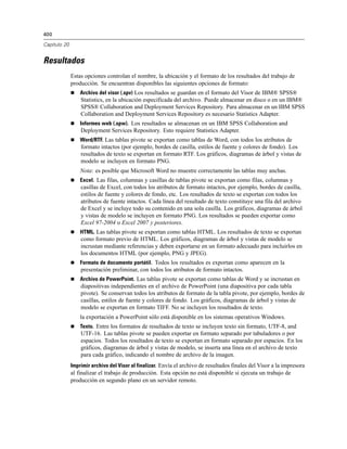 400
Capítulo 20
Resultados
Estas opciones controlan el nombre, la ubicación y el formato de los resultados del trabajo de
producción. Se encuentran disponibles las siguientes opciones de formato:
 Archivo del visor (.spv) Los resultados se guardan en el formato del Visor de IBM® SPSS®
Statistics, en la ubicación especificada del archivo. Puede almacenar en disco o en un IBM®
SPSS® Collaboration and Deployment Services Repository. Para almacenar en un IBM SPSS
Collaboration and Deployment Services Repository es necesario Statistics Adapter.
 Informes web (.spw). Los resultados se almacenan en un IBM SPSS Collaboration and
Deployment Services Repository. Esto requiere Statistics Adapter.
 Word/RTF. Las tablas pivote se exportan como tablas de Word, con todos los atributos de
formato intactos (por ejemplo, bordes de casilla, estilos de fuente y colores de fondo). Los
resultados de texto se exportan en formato RTF. Los gráficos, diagramas de árbol y vistas de
modelo se incluyen en formato PNG.
Nota: es posible que Microsoft Word no muestre correctamente las tablas muy anchas.
 Excel. Las filas, columnas y casillas de tablas pivote se exportan como filas, columnas y
casillas de Excel, con todos los atributos de formato intactos, por ejemplo, bordes de casilla,
estilos de fuente y colores de fondo, etc. Los resultados de texto se exportan con todos los
atributos de fuente intactos. Cada línea del resultado de texto constituye una fila del archivo
de Excel y se incluye todo su contenido en una sola casilla. Los gráficos, diagramas de árbol
y vistas de modelo se incluyen en formato PNG. Los resultados se pueden exportar como
Excel 97-2004 o Excel 2007 y posteriores.
 HTML. Las tablas pivote se exportan como tablas HTML. Los resultados de texto se exportan
como formato previo de HTML. Los gráficos, diagramas de árbol y vistas de modelo se
incrustan mediante referencias y deben exportarse en un formato adecuado para incluirlos en
los documentos HTML (por ejemplo, PNG y JPEG).
 Formato de documento portátil. Todos los resultados es exportan como aparecen en la
presentación preliminar, con todos los atributos de formato intactos.
 Archivo de PowerPoint. Las tablas pivote se exportan como tablas de Word y se incrustan en
diapositivas independientes en el archivo de PowerPoint (una diapositiva por cada tabla
pivote). Se conservan todos los atributos de formato de la tabla pivote, por ejemplo, bordes de
casillas, estilos de fuente y colores de fondo. Los gráficos, diagramas de árbol y vistas de
modelo se exportan en formato TIFF. No se incluyen los resultados de texto.
la exportación a PowerPoint sólo está disponible en los sistemas operativos Windows.
 Texto. Entre los formatos de resultados de texto se incluyen texto sin formato, UTF-8, and
UTF-16. Las tablas pivote se pueden exportar en formato separado por tabuladores o por
espacios. Todos los resultados de texto se exportan en formato separado por espacios. En los
gráficos, diagramas de árbol y vistas de modelo, se inserta una línea en el archivo de texto
para cada gráfico, indicando el nombre de archivo de la imagen.
Imprimir archivo del Visor al finalizar. Envía el archivo de resultados finales del Visor a la impresora
al finalizar el trabajo de producción. Esta opción no está disponible si ejecuta un trabajo de
producción en segundo plano en un servidor remoto.
 