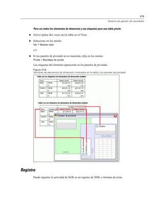 419
Sistema de gestión de resultados
Para ver todos los elementos de dimensión y sus etiquetas para una tabla pivote
E Active (pulse dos veces en) la tabla en el Visor.
E Seleccione en los menús:
Ver > Mostrar todo
y/o
E Si los paneles de pivotado no se muestran, elija en los menús:
Pivote > Bandejas de pivote
Las etiquetas del elemento aparecerán en los paneles de pivotado.
Figura 21-6
Nombres de elementos de dimensión mostrados en la tabla y los paneles de pivotado
Registro
Puede registrar la actividad de SGR en un registro de XML o formato de texto.
 