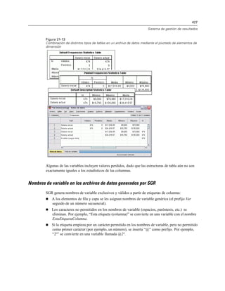 427
Sistema de gestión de resultados
Figura 21-13
Combinación de distintos tipos de tablas en un archivo de datos mediante el pivotado de elementos de
dimensión
Algunas de las variables incluyen valores perdidos, dado que las estructuras de tabla aún no son
exactamente iguales a los estadísticos de las columnas.
Nombres de variable en los archivos de datos generados por SGR
SGR genera nombres de variable exclusivos y válidos a partir de etiquetas de columna:
 A los elementos de fila y capa se les asignan nombres de variable genérica (el prefijo Var
seguido de un número secuencial).
 Los caracteres no permitidos en los nombres de variable (espacios, paréntesis, etc.) se
eliminan. Por ejemplo, “Esta etiqueta (columna)” se convierte en una variable con el nombre
EstaEtiquetaColumna.
 Si la etiqueta empieza por un carácter permitido en los nombres de variable, pero no permitido
como primer carácter (por ejemplo, un número), se inserta “@” como prefijo. Por ejemplo,
“2º” se convierte en una variable llamada @2º.
 