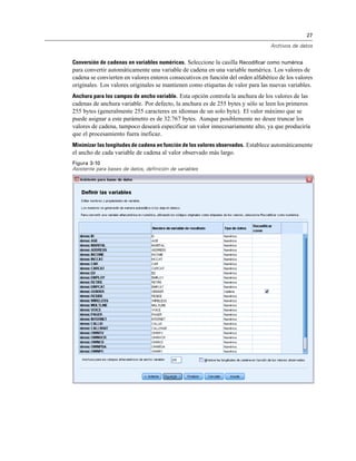 27
Archivos de datos
Conversión de cadenas en variables numéricas. Seleccione la casilla Recodificar como numérica
para convertir automáticamente una variable de cadena en una variable numérica. Los valores de
cadena se convierten en valores enteros consecutivos en función del orden alfabético de los valores
originales. Los valores originales se mantienen como etiquetas de valor para las nuevas variables.
Anchura para los campos de ancho variable. Esta opción controla la anchura de los valores de las
cadenas de anchura variable. Por defecto, la anchura es de 255 bytes y sólo se leen los primeros
255 bytes (generalmente 255 caracteres en idiomas de un solo byte). El valor máximo que se
puede asignar a este parámetro es de 32.767 bytes. Aunque posiblemente no desee truncar los
valores de cadena, tampoco deseará especificar un valor innecesariamente alto, ya que produciría
que el procesamiento fuera ineficaz.
Minimizar las longitudes de cadena en función de los valores observados. Establece automáticamente
el ancho de cada variable de cadena al valor observado más largo.
Figura 3-10
Asistente para bases de datos, definición de variables
 