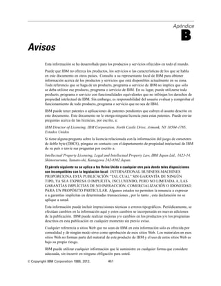 Apéndice
B
Avisos
Esta información se ha desarrollado para los productos y servicios ofrecidos en todo el mundo.
Puede que IBM no ofrezca los productos, los servicios o las características de los que se habla
en este documento en otros países. Consulte a su representante local de IBM para obtener
información acerca de los productos y servicios que está disponibles actualmente en su zona.
Toda referencia que se haga de un producto, programa o servicio de IBM no implica que sólo
se deba utilizar ese producto, programa o servicio de IBM. En su lugar, puede utilizarse todo
producto, programa o servicio con funcionalidades equivalentes que no infrinjan los derechos de
propiedad intelectual de IBM. Sin embargo, es responsabilidad del usuario evaluar y comprobar el
funcionamiento de todo producto, programa o servicio que no sea de IBM.
IBM puede tener patentes o aplicaciones de patentes pendientes que cubren el asunto descrito en
este documento. Este documento no le otorga ninguna licencia para estas patentes. Puede enviar
preguntas acerca de las licencias, por escrito, a:
IBM Director of Licensing, IBM Corporation, North Castle Drive, Armonk, NY 10504-1785,
Estados Unidos
Si tiene alguna pregunta sobre la licencia relacionada con la información del juego de caracteres
de doble byte (DBCS), póngase en contacto con el departamento de propiedad intelectual de IBM
de su país o envíe sus preguntas por escrito a:
Intellectual Property Licensing, Legal and Intellectual Property Law, IBM Japan Ltd., 1623-14,
Shimotsuruma, Yamato-shi, Kanagawa 242-8502 Japan.
El párrafo siguiente no se aplica a los Reino Unido o cualquier otro país donde tales disposiciones
son incompatibles con la legislación local: INTERNATIONAL BUSINESS MACHINES
PROPORCIONA ESTA PUBLICACIÓN “TAL CUAL” SIN GARANTÍA DE NINGÚN
TIPO, YA SEA EXPRESA O IMPLÍCITA, INCLUYENDO, PERO NO LIMITADA A, LAS
GARANTÍAS IMPLÍCITAS DE NO INFRACCIÓN, COMERCIALIZACIÓN O IDONEIDAD
PARA UN PROPÓSITO PARTICULAR. Algunos estados no permiten la renuncia a expresar
o a garantías implícitas en determinadas transacciones , por lo tanto , esta declaración no se
aplique a usted.
Esta información puede incluir imprecisiones técnicas o errores tipográficos. Periódicamente, se
efectúan cambios en la información aquí y estos cambios se incorporarán en nuevas ediciones
de la publicación. IBM puede realizar mejoras y/o cambios en los productos y/o los programas
descritos en esta publicación en cualquier momento sin previo aviso.
Cualquier referencia a sitios Web que no sean de IBM en esta información sólo es ofrecida por
comodidad y de ningún modo sirve como aprobación de esos sitios Web. Los materiales en esos
sitios Web no forman parte del material de este producto de IBM y el uso de estos sitios Web es
bajo su propio riesgo.
IBM puede utilizar cualquier información que le suministre en cualquier forma que considere
adecuada, sin incurrir en ninguna obligación para usted.
© Copyright IBM Corporation 1989, 2012. 451
 