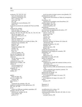 460
Índice
ocultación, 223, 254–255, 363
barras de herramientas, 363
etiquetas de dimensión, 255
filas y columnas, 254
notas al pie, 268
pies, 268
resultados de un procedimiento, 223
títulos, 255
ocultación (exclusión) de resultados del Visor con SGR,
420
ocultación de variables
Editor de datos, 329
listas de cuadros de diálogo, 329
opciones, 338, 341–342, 345–346, 348, 351, 354–355, 358
años de dos dígitos, 342
aspecto de tablas pivote, 351
datos, 342
directorio temporal, 354
editor de sintaxis, 358
estadísticos descriptivos en el editor de datos, 346
etiquetas de los resultados, 346
generales, 338
gráficos, 348
imputación múltiple, 360
moneda, 345
procesos, 355
Visor, 341
Vista de variables, 345
opciones del diagrama, 348
orden de visualización, 247
ordenación
filas de tabla pivote, 249
variables, 186
ordenación de casos, 184
ordenación de variables, 186
ordinal, 83
nivel de medición, 83
nivel de medida, 115
ortografía, 96
diccionario, 342
OXML, 433
papeles
Editor de datos, 88
pares de variables, 205
creación, 205
pasos básicos, 7
PDF
exportación de resultados, 229, 235
pegado de resultados en otras aplicaciones, 228
pies, 242, 267–268
pivote
control con SGR para resultados exportados, 425
plantillas, 89–90, 313, 348
definición de variables, 89–90
en los gráficos, 348
gráficos, 313
uso de un archivo de datos externo como plantilla, 123
ponderación de casos, 203
ponderaciones fraccionarias en Tablas de contingencia,
203
PowerPoint, 233
exportación de resultados como PowerPoint, 233
preparar página, 242–243
encabezados y pies, 242
tamaño del gráfico, 243
presentación
barras de herramientas, 363
procesamiento de segmentación del archivo, 197
procesos, 362, 366, 435
adición a menús, 362
autoprocesos, 436
Básico, 441
creación, 435
edición, 435
ejecución, 435
ejecución mediante los botones de la barra de
herramientas, 366
lenguaje por defecto, 355, 435
lenguajes, 435
procesos de inicio, 446
Python, 439
producción automatizada, 398
programación con lenguaje de comandos, 289
propiedades, 257
tablas, 257
tablas pivote, 257
propiedades de casilla, 265–266
puntos de separación
editor de sintaxis, 298
puntuación, 317
comparación de campos del conjunto de datos con los
del modelo, 319
funciones de puntuación, 321
fusión de archivos XML de transformación y de modelo,
324
modelos admitidos para exportar y puntuar, 316
valores perdidos, 319
puntuaciones de Savage, 159
puntuaciones normales
en la asignación de rangos a los casos, 159
puntuaciones z
en la asignación de rangos a los casos, 159
Python
procesos, 439
Quancept, 41
Quanvert, 41
recodificación de los valores, 133
recuento de apariciones, 147
reestructuración de datos, 204–205, 207–209, 211–214,
216–219, 221
conceptos básicos, 204
 