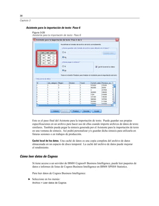 38
Capítulo 3
Asistente para la importación de texto: Paso 6
Figura 3-20
Asistente para la importación de texto: Paso 6
Este es el paso final del Asistente para la importación de texto. Puede guardar sus propias
especificaciones en un archivo para hacer uso de ellas cuando importe archivos de datos de texto
similares. También puede pegar la sintaxis generada por el Asistente para la importación de texto
en una ventana de sintaxis. Así podrá personalizar y/o guardar dicha sintaxis para utilizarla en
futuras sesiones o en trabajos de producción.
Caché local de los datos. Una caché de datos es una copia completa del archivo de datos
almacenada en un espacio de disco temporal. La caché del archivo de datos puede mejorar
el rendimiento.
Cómo leer datos de Cognos
Si tiene acceso a un servidor de IBM® Cognos® Business Intelligence, puede leer paquetes de
datos e informes de listas de Cognos Business Intelligence en IBM® SPSS® Statistics.
Para leer datos de Cognos Business Intelligence:
E Seleccione en los menús:
Archivo > Leer datos de Cognos
 