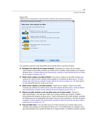 55
Archivos de datos
Figura 3-23
Asistente para la exportación a base de datos, selección del modo de exportación
Las siguientes opciones están disponibles para exportar datos a una base de datos:
 Reemplazar los valores de los campos existentes. Reemplaza los valores de los campos
seleccionados en una tabla existente con valores de las variables seleccionadas en el conjunto
de datos activo. Si desea obtener más información, consulte el tema Sustitución de los valores
de los campos existentes el p. 59.
 Añadir nuevos campos a una tabla existente. Crea nuevos campos en una tabla existente que
contiene los valores de las variables seleccionadas en el conjunto de datos activo. Si desea
obtener más información, consulte el tema Adición de nuevos campos el p. 60. Esta opción
no está disponible para los archivos de Excel.
 Añadir nuevos registros a una tabla existente. Añade nuevos registros (filas) a una tabla
existente que contiene los valores de los casos del conjunto de datos activo. Si desea obtener
más información, consulte el tema Adición de nuevos registros (casos) el p. 61.
 Eliminar una tabla existente y crear una tabla nueva con el mismo nombre. Elimina la
tabla especificada y crea una nueva tabla con el mismo nombre que contiene variables
seleccionadas del conjunto de datos activo. Toda la información de la tabla original, incluidas
las definiciones de las propiedades del campo (como las claves primarias o los tipos de datos)
se pierde. Si desea obtener más información, consulte el tema Creación de una nueva tabla o
sustitución de una tabla el p. 62.
 Crear una tabla nueva. Crea una tabla nueva en la base de datos que contiene datos de las
variables seleccionadas en el conjunto de datos activo. El nombre puede ser cualquier valor
que esté permitido como nombre de tabla por el origen de datos. El nombre no puede coincidir
 