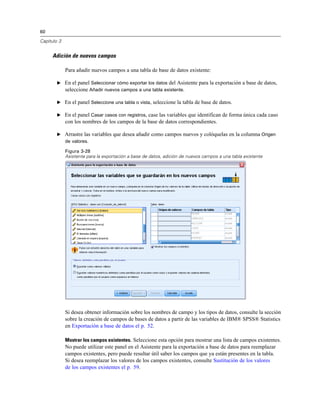 60
Capítulo 3
Adición de nuevos campos
Para añadir nuevos campos a una tabla de base de datos existente:
E En el panel Seleccionar cómo exportar los datos del Asistente para la exportación a base de datos,
seleccione Añadir nuevos campos a una tabla existente.
E En el panel Seleccione una tabla o vista, seleccione la tabla de base de datos.
E En el panel Casar casos con registros, case las variables que identifican de forma única cada caso
con los nombres de los campos de la base de datos correspondientes.
E Arrastre las variables que desea añadir como campos nuevos y colóquelas en la columna Origen
de valores.
Figura 3-28
Asistente para la exportación a base de datos, adición de nuevos campos a una tabla existente
Si desea obtener información sobre los nombres de campo y los tipos de datos, consulte la sección
sobre la creación de campos de bases de datos a partir de las variables de IBM® SPSS® Statistics
en Exportación a base de datos el p. 52.
Mostrar los campos existentes. Seleccione esta opción para mostrar una lista de campos existentes.
No puede utilizar este panel en el Asistente para la exportación a base de datos para reemplazar
campos existentes, pero puede resultar útil saber los campos que ya están presentes en la tabla.
Si desea reemplazar los valores de los campos existentes, consulte Sustitución de los valores
de los campos existentes el p. 59.
 