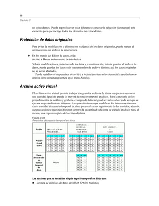 68
Capítulo 3
no coincidentes. Puede especificar un valor diferente o cancelar la selección (desmarcar) este
elemento para que incluya todos los elementos no coincidentes.
Protección de datos originales
Para evitar la modificación o eliminación accidental de los datos originales, puede marcar el
archivo como un archivo de sólo lectura.
E En los menús del Editor de datos, elija:
Archivo > Marcar archivo como de sólo lectura
Si hace modificaciones posteriores de los datos y, a continuación, intenta guardar el archivo de
datos, puede guardar los datos sólo con un nombre de archivo distinto; así, los datos originales
no se verán afectados.
Puede restablecer los permisos de archivo a lectura/escritura seleccionando la opción Marcar
archivo como de lectura/escritura en el menú Archivo.
Archivo activo virtual
El archivo activo virtual permite trabajar con grandes archivos de datos sin que sea necesaria
una cantidad igual de grande (o mayor) de espacio temporal en disco. Para la mayoría de los
procedimientos de análisis y gráficos, el origen de datos original se vuelve a leer cada vez que se
ejecuta un procedimiento diferente. Los procedimientos que modifican los datos necesitan una
cierta cantidad de espacio temporal en disco para realizar un seguimiento de los cambios; además,
algunas acciones necesitan disponer siempre de la cantidad suficiente de espacio en disco para, al
menos, una copia completa del archivo de datos.
Figura 3-32
Requisitos de espacio temporal en disco
Las acciones que no necesitan ningún espacio temporal en disco son:
 Lectura de archivos de datos de IBM® SPSS® Statistics
 