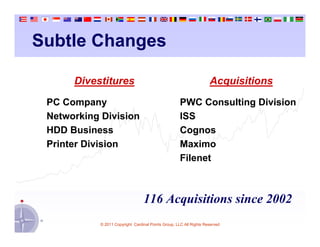 Subtle Changes

      Divestitures                                                  Acquisitions

 PC Company                                          PWC Consulting Division
 Networking Division                                 ISS
 HDD Business                                        Cognos
 Printer Division                                    Maximo
                                                     Filenet



                                 116 Acquisitions since 2002
           © 2011 Copyright Cardinal Points Group, LLC All Rights Reserved
 
