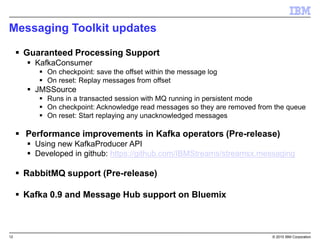 12 © 2015 IBM Corporation
Messaging Toolkit updates
 Guaranteed Processing Support
 KafkaConsumer
 On checkpoint: save the offset within the message log
 On reset: Replay messages from offset
 JMSSource
 Runs in a transacted session with MQ running in persistent mode
 On checkpoint: Acknowledge read messages so they are removed from the queue
 On reset: Start replaying any unacknowledged messages
 Performance improvements in Kafka operators (Pre-release)
 Using new KafkaProducer API
 Developed in github: https://github.com/IBMStreams/streamsx.messaging
 RabbitMQ support (Pre-release)
 Kafka 0.9 and Message Hub support on Bluemix
 
