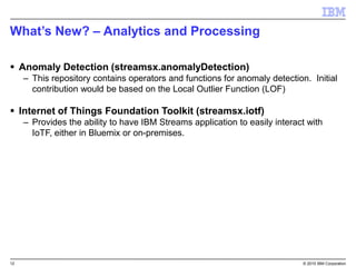 12 © 2015 IBM Corporation
What’s New? – Analytics and Processing
 Anomaly Detection (streamsx.anomalyDetection)
– This repository contains operators and functions for anomaly detection. Initial
contribution would be based on the Local Outlier Function (LOF)
 Internet of Things Foundation Toolkit (streamsx.iotf)
– Provides the ability to have IBM Streams application to easily interact with
IoTF, either in Bluemix or on-premises.
 