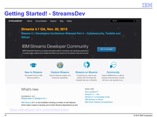 15 © 2015 IBM Corporation
Getting Started! - StreamsDev
https://developer.ibm.com/streamsdev/
 