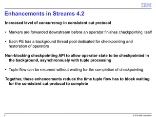 5 © 2016 IBM Corporation
Enhancements in Streams 4.2
Increased level of concurrency in consistent cut protocol
• Markers are forwarded downstream before an operator finishes checkpointing itself
• Each PE has a background thread pool dedicated for checkpointing and
restoration of operators
Non-blocking checkpointing API to allow operator state to be checkpointed in
the background, asynchronously with tuple processing
• Tuple flow can be resumed without waiting for the completion of checkpointing
Together, these enhancements reduce the time tuple flow has to block waiting
for the consistent cut protocol to complete
 