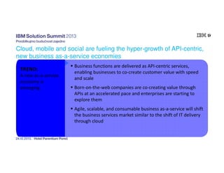 Cloud, mobile and social are fueling the hyper-growth of API-centric,
new business as-a-service economies
TREND:
A new as-a-service
economy is
emerging

Business functions are delivered as API-centric services,
enabling businesses to co-create customer value with speed
and scale
Born-on-the-web companies are co-creating value through
APIs at an accelerated pace and enterprises are starting to
explore them
Agile, scalable, and consumable business as-a-service will shift
the business services market similar to the shift of IT delivery
through cloud

 
