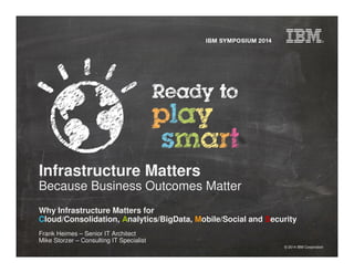 © 2014 IBM Corporation
Infrastructure Matters
Because Business Outcomes Matter
Why Infrastructure Matters for
Cloud/Consolidation, Analytics/BigData, Mobile/Social and Security
Frank Heimes – Senior IT Architect
Mike Storzer – Consulting IT Specialist
 