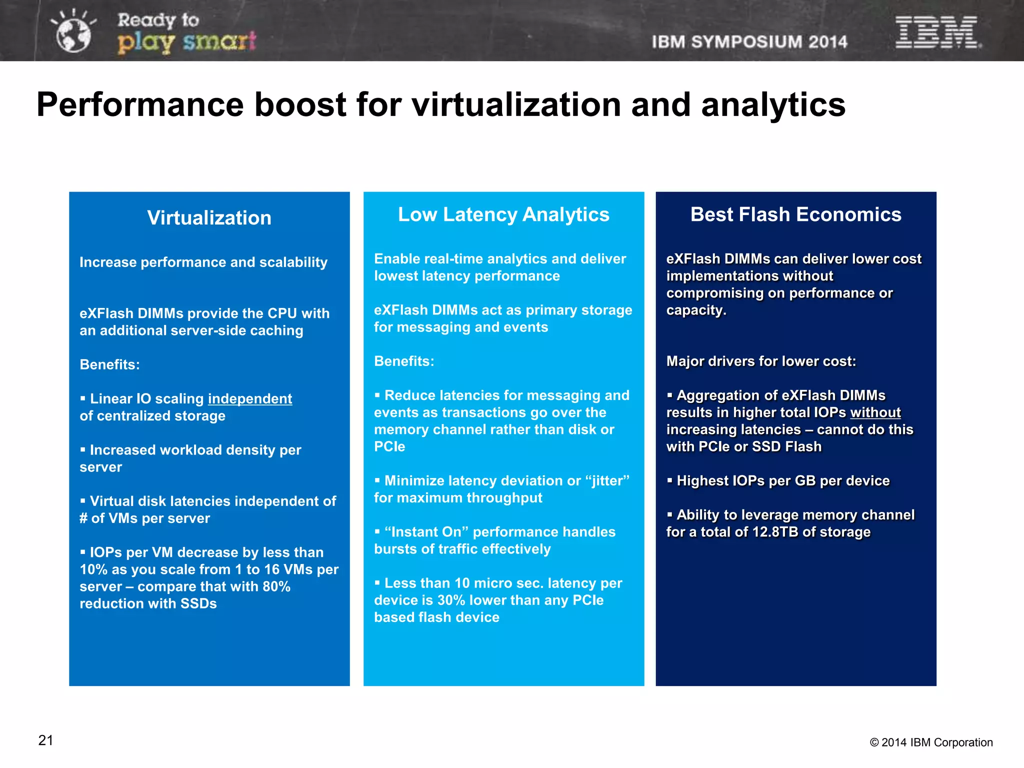 © 2014 IBM Corporation21
Best Flash Economics
eXFlash DIMMs can deliver lower cost
implementations without
compromising on performance or
capacity.
Major drivers for lower cost:
 Aggregation of eXFlash DIMMs
results in higher total IOPs without
increasing latencies – cannot do this
with PCIe or SSD Flash
 Highest IOPs per GB per device
 Ability to leverage memory channel
for a total of 12.8TB of storage
Low Latency Analytics
Enable real-time analytics and deliver
lowest latency performance
eXFlash DIMMs act as primary storage
for messaging and events
Benefits:
 Reduce latencies for messaging and
events as transactions go over the
memory channel rather than disk or
PCIe
 Minimize latency deviation or “jitter”
for maximum throughput
 “Instant On” performance handles
bursts of traffic effectively
 Less than 10 micro sec. latency per
device is 30% lower than any PCIe
based flash device
Virtualization
Increase performance and scalability
eXFlash DIMMs provide the CPU with
an additional server-side caching
Benefits:
 Linear IO scaling independent
of centralized storage
 Increased workload density per
server
 Virtual disk latencies independent of
# of VMs per server
 IOPs per VM decrease by less than
10% as you scale from 1 to 16 VMs per
server – compare that with 80%
reduction with SSDs
Performance boost for virtualization and analytics
 