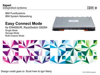 IBM Easy-Connect
   System Networking
   - Transparent Mode
   - Multi-chassis Mode (PureFlex ONLY)
   - Customer Examples                        EN/CN4093 and Virtual Fabric Switch Module




Design and configuration by Scott Irwin & Igor Marty                      © 2013 IBM Corporation
 