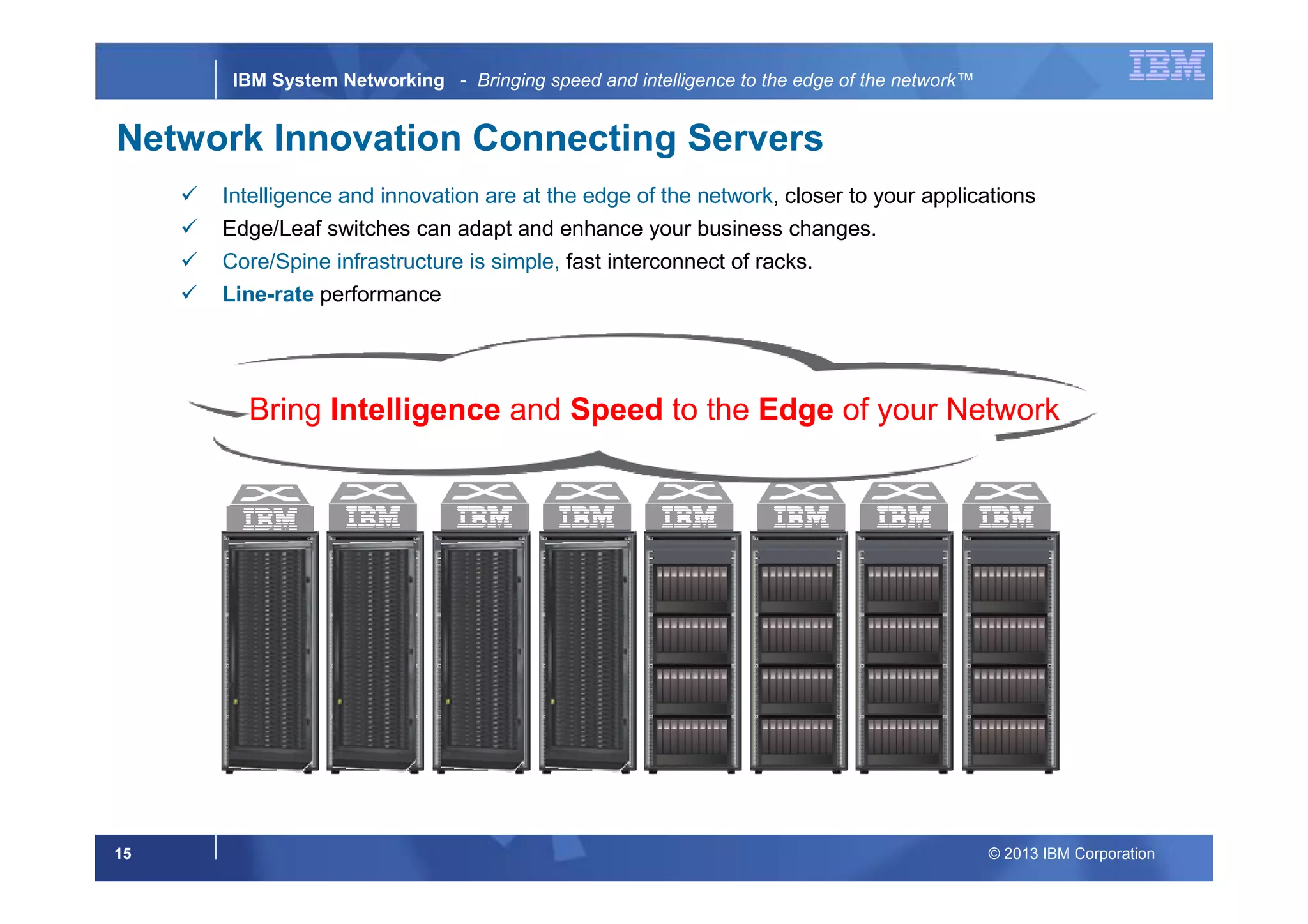 © 2013 IBM Corporation15
IBM System Networking - Bringing speed and intelligence to the edge of the network™
Bring Intelligence and Speed to the Edge of your Network
Intelligence and innovation are at the edge of the network, closer to your applications
Edge/Leaf switches can adapt and enhance your business changes.
Core/Spine infrastructure is simple, fast interconnect of racks.
Line-rate performance
Network Innovation Connecting Servers
 