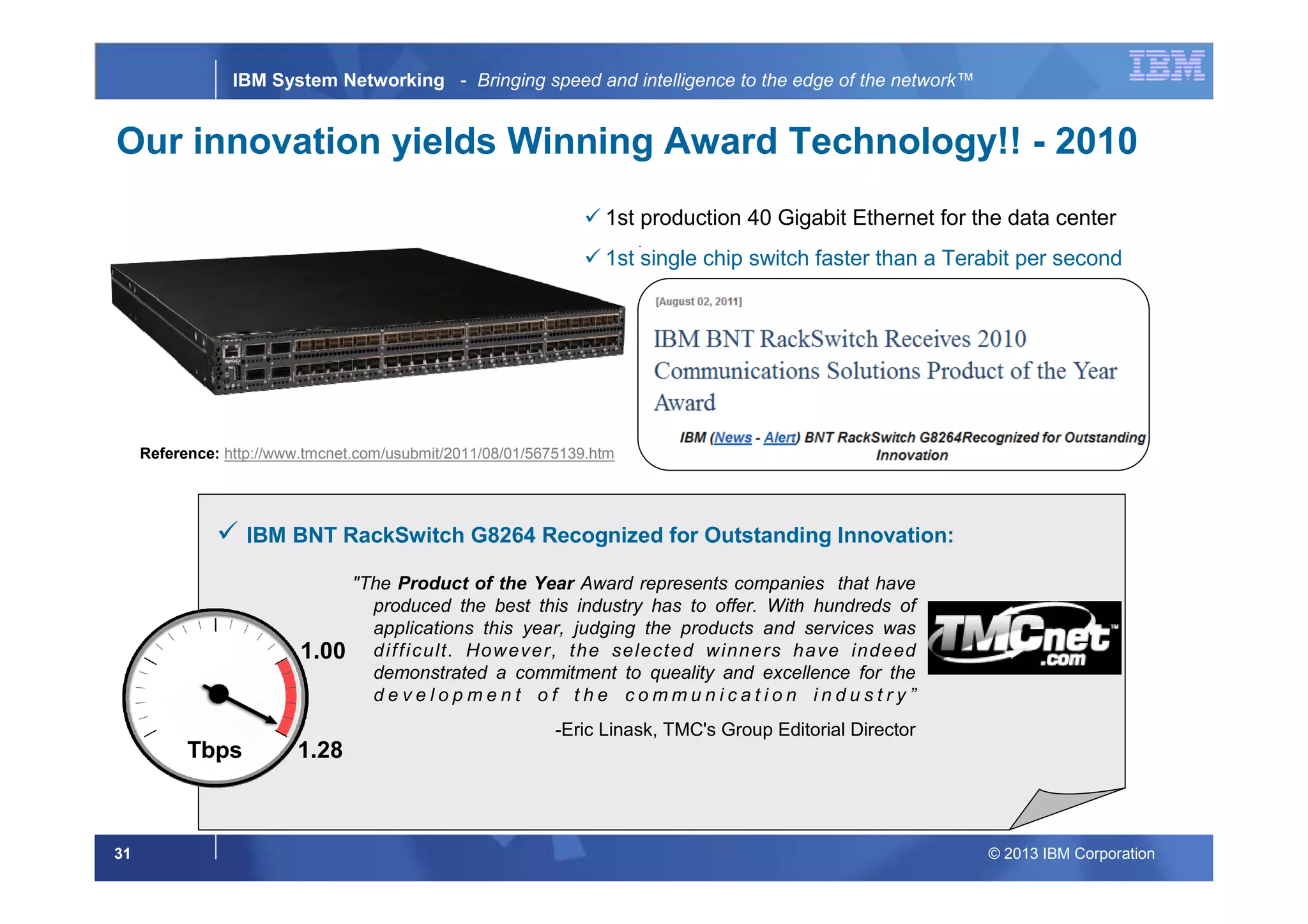 © 2013 IBM Corporation31
IBM System Networking - Bringing speed and intelligence to the edge of the network™
1st production 40 Gigabit Ethernet for the data center
1st single chip switch faster than a Terabit per second
1.28
1.00
Tbps
Our innovation yields Winning Award Technology!! - 2010
IBM BNT RackSwitch G8264 Recognized for Outstanding Innovation:
"The Product of the Year Award represents companies that have
produced the best this industry has to offer. With hundreds of
applications this year, judging the products and services was
difficult. However, the selected winners have indeed
demonstrated a commitment to queality and excellence for the
d e v e l o p m e n t o f t h e c o m m u n i c a t i o n i n d u s t r y ”
-Eric Linask, TMC's Group Editorial Director
Reference: http://www.tmcnet.com/usubmit/2011/08/01/5675139.htm
 