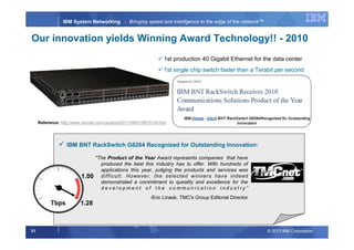 © 2013 IBM Corporation31
IBM System Networking - Bringing speed and intelligence to the edge of the network™
1st production 40 Gigabit Ethernet for the data center
1st single chip switch faster than a Terabit per second
1.28
1.00
Tbps
Our innovation yields Winning Award Technology!! - 2010
IBM BNT RackSwitch G8264 Recognized for Outstanding Innovation:
"The Product of the Year Award represents companies that have
produced the best this industry has to offer. With hundreds of
applications this year, judging the products and services was
difficult. However, the selected winners have indeed
demonstrated a commitment to queality and excellence for the
d e v e l o p m e n t o f t h e c o m m u n i c a t i o n i n d u s t r y ”
-Eric Linask, TMC's Group Editorial Director
Reference: http://www.tmcnet.com/usubmit/2011/08/01/5675139.htm
 