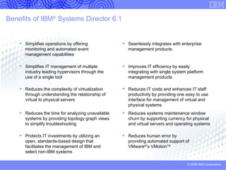 Agenda Core challenges of the IT Infrastructure Needs and challenges IBM’s integrated solution to help simplify IT operations and reduce costs Offering description Upward integration with Enterprise Systems Management IBM Systems Director and Tivoli Positioning Summary 