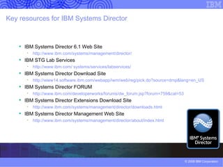 IBM Systems Director 6.1 - Capabilities for System z Discovery and inventory  of platform resources which includes the collection of both virtual hardware and software inventory. This includes Linux and z/VM. Visualize various System z resource  topologies and relationship across the virtual servers managed by z/VM (Linux, virtual CPU, virtual Memory, Virtual Networking components, virtual disks) Show health and status of virtual servers –  Show alerts and system logs from the operating system. Base monitoring  of Linux OS metrics including CPU, memory utilization and file system. Historical and OS events monitoring.  Download, manage, and apply recommended updates  for Linux Base virtualization management  – Topology of virtual servers. Consolidated interface –  Manage System z resources consistently along with other platform resources  from an intuitive user interface. Comprehensive CLI interface for  discovery/health/update Energy management – Active Energy Manager –  Monitoring, reporting, capping (both a server and  group), and controlling power consumption. Receive power status and alerts. Energy Thresholding - Allow  a user to set a power or temperature threshold, and be notified when it is reached (or allow an action to automatically be taken). Full CLI for all key AEM functionality. Support of AEM Server on Linux on System z. Enterprise integration and manageability –  Out-of-the box management utilizing CIM for Linux and z/VM 