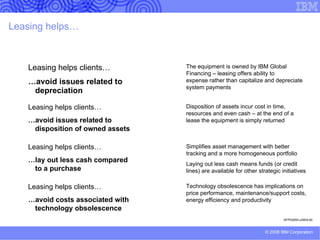 Affordable, non-disruptive migrations to the latest IBM technology Key client benefits Affordable, side-by-side non-disruptive migration. Minimized termination charges on leased base equipment with early replacements. Full 12-month warranty.  Offers current system’s fair market value to an Power™ Exchange server or System z® hybrid. In some cases, the current server may be purchased from the client. Client can use both servers for up to 60 days to perform side-by-side installation and testing. Summary Available through IBM Systems and Technology group for: System z and mid-range/high-end Power servers. clients who currently own or lease their IBM equipment Hybrids/migrations: How they work Client IBM server  on IBM Global Financing lease  or client owned  to start 1 Order new server from IBM IBM Power Server IBM Global Financing GARS 2 Builds new IBM  server with upgrade installed by IBM 3 4 Client returns used asset once migration is completed GFP03038-USEN-00 