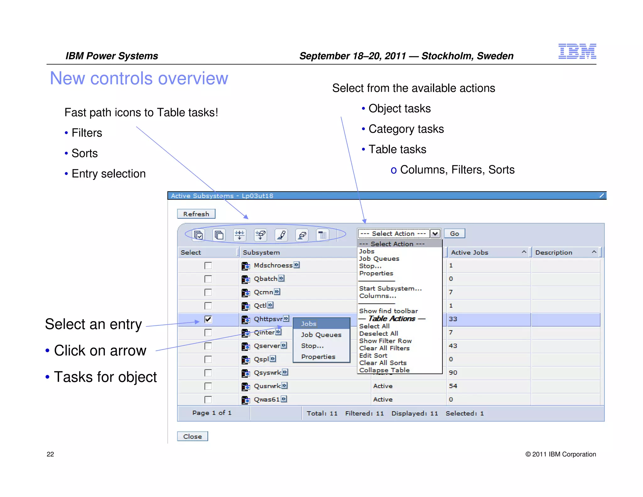 IBM Power Systems                 September 18–20, 2011 — Stockholm, Sweden

New controls overview                        Select from the available actions

     Fast path icons to Table tasks!              • Object tasks

     • Filters                                    • Category tasks

     • Sorts                                      • Table tasks

     • Entry selection                                  o Columns, Filters, Sorts




Select an entry
• Click on arrow
• Tasks for object




22                                                                                  © 2011 IBM Corporation
 