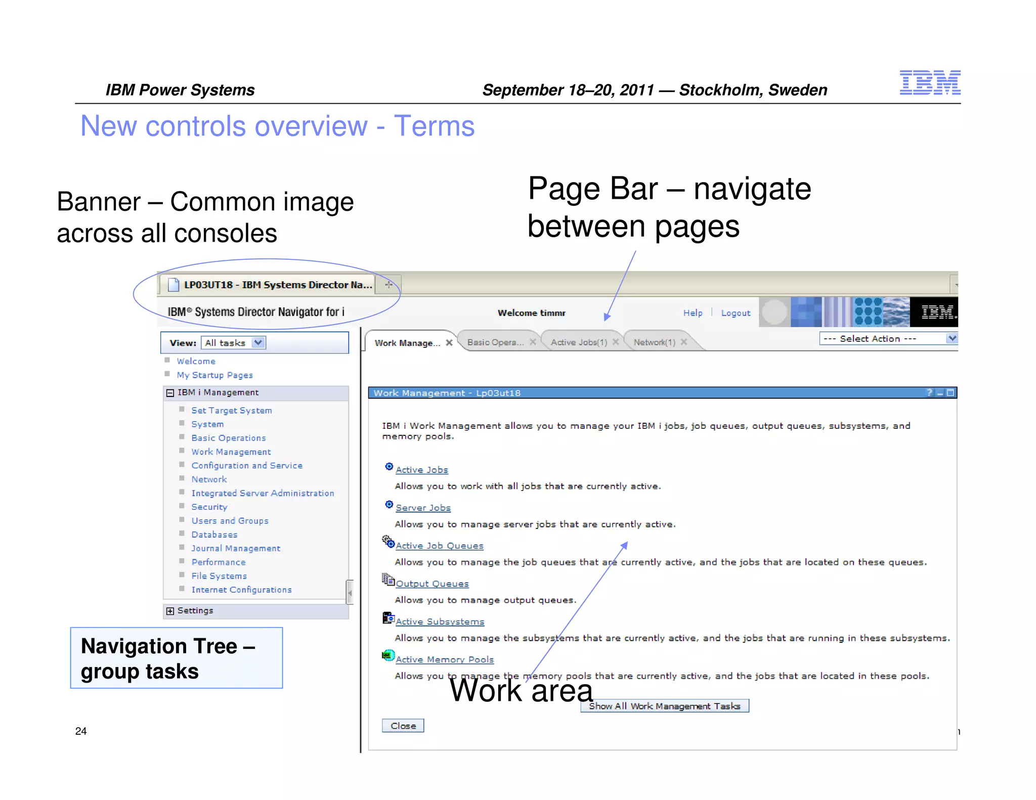 IBM Power Systems          September 18–20, 2011 — Stockholm, Sweden

 New controls overview - Terms

Banner – Common image                 Page Bar – navigate
across all consoles                   between pages




 Navigation Tree –
 group tasks
                            Work area
 24                                                                          © 2011 IBM Corporation
 