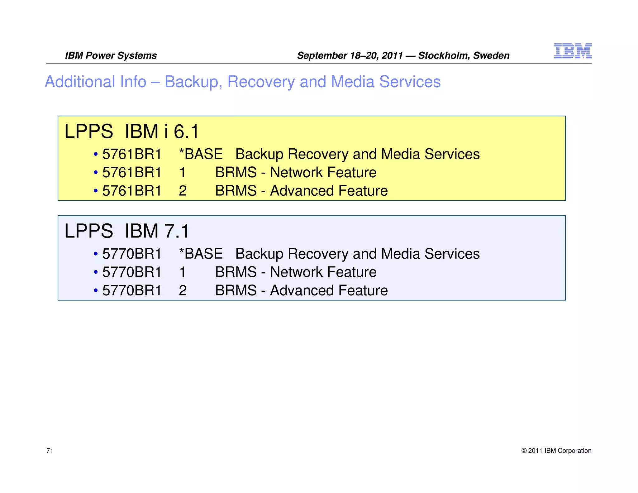 IBM Power Systems                  September 18–20, 2011 — Stockholm, Sweden

Additional Info – Backup, Recovery and Media Services


     LPPS IBM i 6.1
          • 5761BR1      *BASE Backup Recovery and Media Services
          • 5761BR1      1   BRMS - Network Feature
          • 5761BR1      2   BRMS - Advanced Feature

     LPPS IBM 7.1
          • 5770BR1      *BASE Backup Recovery and Media Services
          • 5770BR1      1   BRMS - Network Feature
          • 5770BR1      2   BRMS - Advanced Feature




71                                                                                  © 2011 IBM Corporation
 
