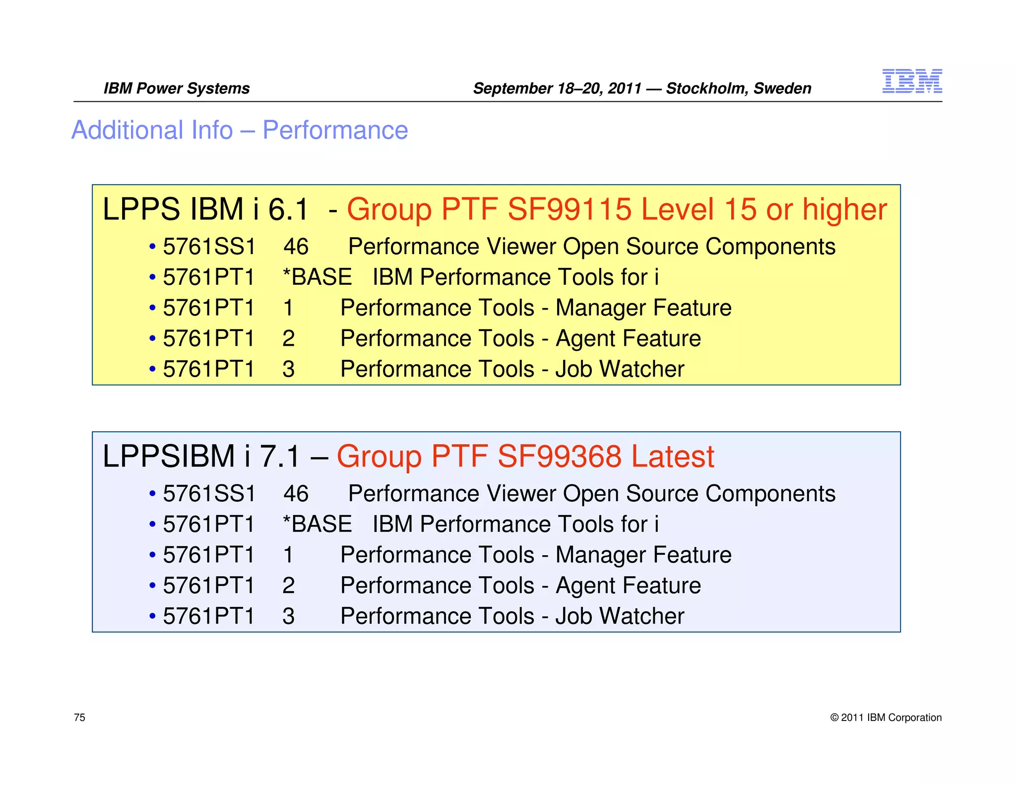 IBM Power Systems                  September 18–20, 2011 — Stockholm, Sweden

Additional Info – Performance


     LPPS IBM i 6.1 - Group PTF SF99115 Level 15 or higher
          • 5761SS1      46   Performance Viewer Open Source Components
          • 5761PT1      *BASE IBM Performance Tools for i
          • 5761PT1      1   Performance Tools - Manager Feature
          • 5761PT1      2   Performance Tools - Agent Feature
          • 5761PT1      3   Performance Tools - Job Watcher


     LPPSIBM i 7.1 – Group PTF SF99368 Latest
          • 5761SS1      46   Performance Viewer Open Source Components
          • 5761PT1      *BASE IBM Performance Tools for i
          • 5761PT1      1   Performance Tools - Manager Feature
          • 5761PT1      2   Performance Tools - Agent Feature
          • 5761PT1      3   Performance Tools - Job Watcher



75                                                                                  © 2011 IBM Corporation
 