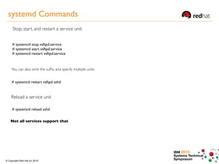 IBM 2015
Systems Technical
Symposium© Copyright Red Hat Inc 2015
Stop, start, and restart a service unit:
# systemctl stop vsftpd.service 
# systemctl start vsftpd.service 
# systemctl restart vsftpd.service
You can also omit the sufﬁx and specify multiple units:
# systemctl restart vsftpd sshd
# systemctl reload sshd
Reload a service unit
Not all services support that
systemd Commands
 