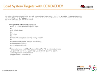 IBM 2015
Systems Technical
Symposium© Copyright Red Hat Inc 2015
Load System Targets with ECKD/EDEV
To load systemd targets from the IPL command when using DASD ECKD/FBA use the following
commands from the 3270 terminal:
===> ipl 100 PARM systemd.unit=rescue
00: zIPL v1.23.0-17.el7 interactive boot menu
00:
00: 0. default (linux)
00:
00: 1. linux
00:
00: Note:VM users please use '#cp vi vmsg <input>'
00:
00: Please choose (default will boot in 5 seconds):
00: Booting default (linux)...
00: Uncompressing Linux...
...
Welcome to rescue mode!Type "systemctl default" or ^D to enter default mode.
Type "journalctl -xb" to view system logs.Type "systemctl reboot" to reboot.
Give root password for maintenance
(or type Control-D to continue):
 