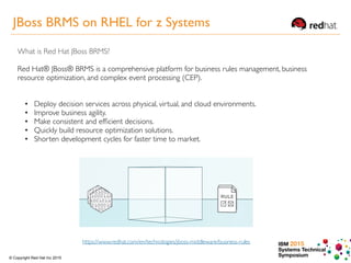 IBM 2015
Systems Technical
Symposium© Copyright Red Hat Inc 2015
What is Red Hat JBoss BRMS?
Red Hat® JBoss® BRMS is a comprehensive platform for business rules management, business
resource optimization, and complex event processing (CEP).
https://www.redhat.com/en/technologies/jboss-middleware/business-rules
• Deploy decision services across physical, virtual, and cloud environments.
• Improve business agility.
• Make consistent and efﬁcient decisions.
• Quickly build resource optimization solutions.
• Shorten development cycles for faster time to market.
JBoss BRMS on RHEL for z Systems
 