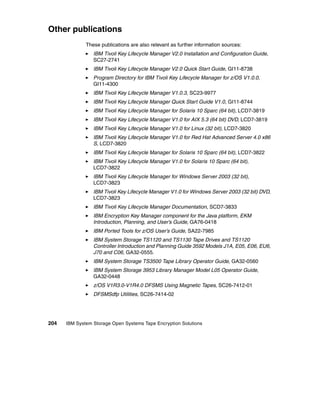 Other publications
              These publications are also relevant as further information sources:
                 IBM Tivoli Key Lifecycle Manager V2.0 Installation and Configuration Guide,
                 SC27-2741
                 IBM Tivoli Key Lifecycle Manager V2.0 Quick Start Guide, GI11-8738
                 Program Directory for IBM Tivoli Key Lifecycle Manager for z/OS V1.0.0,
                 GI11-4300
                 IBM Tivoli Key Lifecycle Manager V1.0.3, SC23-9977
                 IBM Tivoli Key Lifecycle Manager Quick Start Guide V1.0, GI11-8744
                 IBM Tivoli Key Lifecycle Manager for Solaris 10 Sparc (64 bit), LCD7-3819
                 IBM Tivoli Key Lifecycle Manager V1.0 for AIX 5.3 (64 bit) DVD, LCD7-3819
                 IBM Tivoli Key Lifecycle Manager V1.0 for Linux (32 bit), LCD7-3820
                 IBM Tivoli Key Lifecycle Manager V1.0 for Red Hat Advanced Server 4.0 x86
                 S, LCD7-3820
                 IBM Tivoli Key Lifecycle Manager for Solaris 10 Sparc (64 bit), LCD7-3822
                 IBM Tivoli Key Lifecycle Manager V1.0 for Solaris 10 Sparc (64 bit),
                 LCD7-3822
                 IBM Tivoli Key Lifecycle Manager for Windows Server 2003 (32 bit),
                 LCD7-3823
                 IBM Tivoli Key Lifecycle Manager V1.0 for Windows Server 2003 (32 bit) DVD,
                 LCD7-3823
                 IBM Tivoli Key Lifecycle Manager Documentation, SCD7-3833
                 IBM Encryption Key Manager component for the Java platform, EKM
                 Introduction, Planning, and User’s Guide, GA76-0418
                 IBM Ported Tools for z/OS User’s Guide, SA22-7985
                 IBM System Storage TS1120 and TS1130 Tape Drives and TS1120
                 Controller Introduction and Planning Guide 3592 Models J1A, E05, E06, EU6,
                 J70 and C06, GA32-0555.
                 IBM System Storage TS3500 Tape Library Operator Guide, GA32-0560
                 IBM System Storage 3953 Library Manager Model L05 Operator Guide,
                 GA32-0448
                 z/OS V1R3.0-V1R4.0 DFSMS Using Magnetic Tapes, SC26-7412-01
                 DFSMSdfp Utilities, SC26-7414-02




204   IBM System Storage Open Systems Tape Encryption Solutions
 