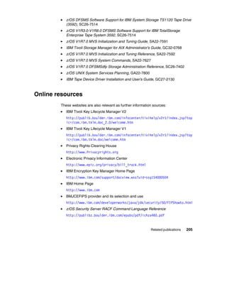 z/OS DFSMS Software Support for IBM System Storage TS1120 Tape Drive
           (3592), SC26-7514
           z/OS V1R3.0-V1R8.0 DFSMS Software Support for IBM TotalStorage
           Enterprise Tape System 3592, SC26-7514
           z/OS V1R7.0 MVS Initialization and Tuning Guide, SA22-7591
           IBM Tivoli Storage Manager for AIX Administrator’s Guide, GC32-0768
           z/OS V1R7.0 MVS Initialization and Tuning Reference, SA22-7592
           z/OS V1R7.0 MVS System Commands, SA22-7627
           z/OS V1R7.0 DFSMSdfp Storage Administration Reference, SC26-7402
           z/OS UNIX System Services Planning, GA22-7800
           IBM Tape Device Driver Installation and User’s Guide, GC27-2130



Online resources
        These websites are also relevant as further information sources:
           IBM Tivoli Key Lifecycle Manager V2
           http://publib.boulder.ibm.com/infocenter/tivihelp/v2r1/index.jsp?top
           ic=/com.ibm.tklm.doc_2.0/welcome.htm
           IBM Tivoli Key Lifecycle Manager V1
           http://publib.boulder.ibm.com/infocenter/tivihelp/v2r1/index.jsp?top
           ic=/com.ibm.tklm.doc/welcome.htm
           Privacy Rights Clearing House
           http://www.Privacyrights.org
           Electronic Privacy Information Center
           http://www.epic.org/privacy/bill_track.html
           IBM Encryption Key Manager Home Page
           http://www.ibm.com/support/docview.wss?uid=ssg1S4000504
           IBM Home Page
           http://www.ibm.com
           BMJCEFIPS provider and its selection and use
           http://www.ibm.com/developerworks/java/jdk/security/50/FIPShowto.html
           z/OS Security Server RACF Command Language Reference
           http://publibz.boulder.ibm.com/epubs/pdf/ichza460.pdf


                                                              Related publications   205
 