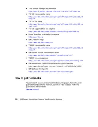 Tivoli Storage Manager documentation
                 http://publib.boulder.ibm.com/infocenter/tivihelp/v1r1/index.jsp
                 TS1120 Interoperability matrix
                 http://www.ibm.com/systems/storage/tape/pdf/compatibility/ts1120_int
                 erop.pdf
                 TS1120 ISV matrix
                 http://www.ibm.com/systems/storage/tape/pdf/compatibility/ts1120_isv
                 _matrix.pdf
                 TS1120 supported host bus adapters
                 http://www.ibm.com/systems/support/storage/config/hba/index.wss
                 Linear Tape-Open organization home page
                 http://www.lto.org
                 IBM LTO Home Page
                 http://www.ibm.com/storage/lto
                 TS3500 Interoperability matrix
                 http://www.ibm.com/systems/storage/tape/pdf/compatibility/ts3500_int
                 erop.pdf
                 IBM System Storage Interoperation Center
                 http://www.ibm.com/systems/support/storage/config/ssic/
                 TS3500 firmware upgrades
                 http://www.ibm.com/servers/storage/support/lto/3584/downloading.html
                 IBM Virtualization Engine TS7700 Series Encryption Overview
                 http://www.ibm.com/support/techdocs/atsmastr.nsf/WebIndex/WP101000
                 IBM Software Developer Kit
                 http://www.ibm.com/servers/eserver/zseries/software/java



How to get Redbooks
              You can search for, view, or download Redbooks, Redpapers, Technotes, draft
              publications and Additional materials, as well as order hardcopy Redbooks
              publications, at this website:
              ibm.com/redbooks




206   IBM System Storage Open Systems Tape Encryption Solutions
 