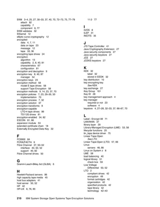 EKM 3–4, 25, 27, 30–33, 37, 40, 70, 72–73, 75, 77–78        11.0 77
     attach 82
     capability 7
     component 8, 77                                    I
EKM validates 32                                        i5/OS 8
ElGamal 12                                              ILEP 31
elliptic curve cryptography 12                          INCITS 35
encrypted
     data 4, 7, 11                                      J
     data on tape 23                                    J70 Tape Controller 41
     message 12                                         Java Cryptography Extension 27
     tape 33, 36                                        Java security components 27
encrypting tape drives 24                               Java security keystore 27
encryption                                              JCE 27
     algorithm 13                                       JCEKS keystore 27
     capability 2, 8, 40, 81
     characteristics 67
     configuration 81                                   K
encryption and decryption 9                             KEK 32
encryption key 8, 40, 87                                   label 32
     manager 54                                            stored in EEDK 32
encryption keys 24                                      key distribution 10
encryption method 58                                    key encrypting key
     model E tape drives 58                                See KEK
     support Tape Encryption 58                         key exchange 27
encryption methods 9, 14, 23, 37, 70                    Key Group 161
encryption policies 7, 23, 29–30, 50                    Key ID 28
     implementation 70                                  key management approach 4
encryption process 7, 32                                key manager
encryption solution 37                                     required or not 23
encryption transforms 8                                    software 4
encryption-capable                                      keystore 4, 27–28, 32–33, 37, 66–67, 70
     LTO-4 tape drives 86
     TS1120 drives 81
encryption-enabled 34, 82
                                                        L
                                                        Label - Encrypt All 71
ESCON 81, 86
                                                        LAN/WAN 37
expansion module 53
                                                        library layer 29
extended certificate chain 18
                                                        Library-Managed Encryption (LME) 53, 58
Externally Encrypted Data Key 32
                                                        lifecycle functions 25
                                                        lin_tape device driver 75
F                                                       Linear Tape-Open
FC9900 84                                                    See LTO
FCRA/FACTA 6                                            Linear Tape-Open (LTO) 57, 66
Fibre Channel 37, 50–52                                 Linux
    interface 40, 50, 52                                     servers 46, 86
    support 40, 82                                      Linux on System z 8
Fibre Channel drives 50                                 LME 58
                                                        load balancing 40
                                                        logical library 51
G                                                            check box 59
Gramm-Leach-Bliley Act (GLBA) 6                         Low Voltage
                                                             Differential 50, 52
H                                                       LTO 2
Hewlett-Packard servers 86                                   compliant drives 42
high capacity tape media 45                                  encryption 49
host bus adapters 41                                         format cartridges 42
host server 50, 52                                           organization 42
HP 42                                                        specified products 42
HP-UX 8, 76, 85                                              tape library 42
                                                             technology 42–43


210     IBM System Storage Open Systems Tape Encryption Solutions
 