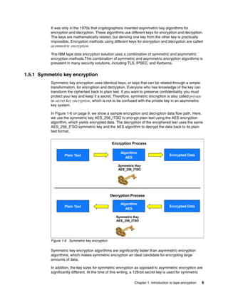 It was only in the 1970s that cryptographers invented asymmetric key algorithms for
          encryption and decryption. These algorithms use different keys for encryption and decryption.
          The keys are mathematically related, but deriving one key from the other key is practically
          impossible. Encryption methods using different keys for encryption and decryption are called
          asymmetric encryption.

          The IBM tape data encryption solution uses a combination of symmetric and asymmetric
          encryption methods.This combination of symmetric and asymmetric encryption algorithms is
          prevalent in many security solutions, including TLS, IPSEC, and Kerberos.


1.5.1 Symmetric key encryption
          Symmetric key encryption uses identical keys, or keys that can be related through a simple
          transformation, for encryption and decryption. Everyone who has knowledge of the key can
          transform the ciphertext back to plain text. If you want to preserve confidentiality, you must
          protect your key and keep it a secret. Therefore, symmetric encryption is also called private
          or secret key encryption, which is not to be confused with the private key in an asymmetric
          key system.

          In Figure 1-6 on page 9, we show a sample encryption and decryption data flow path. Here,
          we use the symmetric key AES_256_ITSO to encrypt plain text using the AES encryption
          algorithm, which yields encrypted data. The decryption of the enciphered text uses the same
          AES_256_ITSO symmetric key and the AES algorithm to decrypt the data back to its plain
          text format.


                                                Encryption Process

                                                      Algorithm
                  Plain Text                                                         Encrypted Data
                                                         AES

                                                    Symmetric Key
                                                    AES_256_ITSO




                                                Decryption Process

                                                      Algorithm
                  Plain Text                                                         Encrypted Data
                                                         AES

                                                   Symmetric Key
                                                   AES_256_ITSO




          Figure 1-6 Symmetric key encryption

          Symmetric key encryption algorithms are significantly faster than asymmetric encryption
          algorithms, which makes symmetric encryption an ideal candidate for encrypting large
          amounts of data.

          In addition, the key sizes for symmetric encryption as opposed to asymmetric encryption are
          significantly different. At the time of this writing, a 128-bit secret key is used for symmetric

                                                              Chapter 1. Introduction to tape encryption   9
 