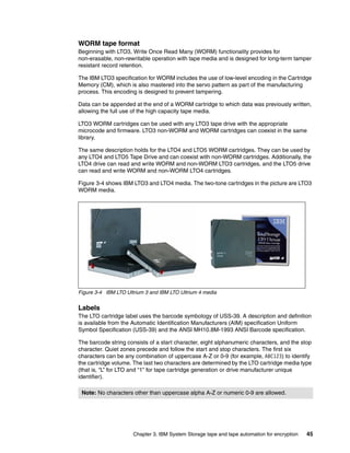 WORM tape format
Beginning with LTO3, Write Once Read Many (WORM) functionality provides for
non-erasable, non-rewritable operation with tape media and is designed for long-term tamper
resistant record retention.

The IBM LTO3 specification for WORM includes the use of low-level encoding in the Cartridge
Memory (CM), which is also mastered into the servo pattern as part of the manufacturing
process. This encoding is designed to prevent tampering.

Data can be appended at the end of a WORM cartridge to which data was previously written,
allowing the full use of the high capacity tape media.

LTO3 WORM cartridges can be used with any LTO3 tape drive with the appropriate
microcode and firmware. LTO3 non-WORM and WORM cartridges can coexist in the same
library.

The same description holds for the LTO4 and LTO5 WORM cartridges. They can be used by
any LTO4 and LTO5 Tape Drive and can coexist with non-WORM cartridges. Additionally, the
LTO4 drive can read and write WORM and non-WORM LTO3 cartridges, and the LTO5 drive
can read and write WORM and non-WORM LTO4 cartridges.

Figure 3-4 shows IBM LTO3 and LTO4 media. The two-tone cartridges in the picture are LTO3
WORM media.




Figure 3-4 IBM LTO Ultrium 3 and IBM LTO Ultrium 4 media


Labels
The LTO cartridge label uses the barcode symbology of USS-39. A description and definition
is available from the Automatic Identification Manufacturers (AIM) specification Uniform
Symbol Specification (USS-39) and the ANSI MH10.8M-1993 ANSI Barcode specification.

The barcode string consists of a start character, eight alphanumeric characters, and the stop
character. Quiet zones precede and follow the start and stop characters. The first six
characters can be any combination of uppercase A-Z or 0-9 (for example, ABC123) to identify
the cartridge volume. The last two characters are determined by the LTO cartridge media type
(that is, “L” for LTO and “1” for tape cartridge generation or drive manufacturer unique
identifier).

 Note: No characters other than uppercase alpha A-Z or numeric 0-9 are allowed.




                      Chapter 3. IBM System Storage tape and tape automation for encryption   45
 