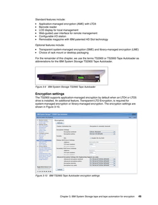 Standard features include:
   Application-managed encryption (AME) with LTO4
   Barcode reader
   LCD display for local management
   Web-guided user interface for remote management
   Configurable I/O station
   Removable magazine with IBM patented HD Slot technology

Optional features include:
   Transparent system-managed encryption (SME) and library-managed encryption (LME)
   Choice of rack mount or desktop packaging

For the remainder of this chapter, we use the terms TS2900 or TS2900 Tape Autoloader as
abbreviations for the IBM System Storage TS2900 Tape Autoloader.




Figure 3-9 IBM System Storage TS2900 Tape Autoloader


Encryption settings
The TS2900 supports application-managed encryption by default when an LTO4 or LTO5
drive is installed. An additional feature, Transparent LTO Encryption, is required for
system-managed encryption or library-managed encryption. The encryption settings are
shown in Figure 3-10.




Figure 3-10 IBM TS2900 Tape Autoloader encryption settings




                      Chapter 3. IBM System Storage tape and tape automation for encryption   49
 