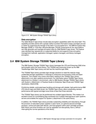 Figure 3-15 IBM System Storage TS3400 Tape Library


        Data encryption
        The 3592 Model E tape drives include data encryption capabilities within the drive itself. This
        capability provides clients with a greater ability to protect information if tape cartridges are lost
        or stolen by supporting the storage of the data in an encrypted form. The IBM Encryption Key
        Manager (EKM) or Tivoli Key Lifecycle Manager (TKLM) components for the Java platform
        can help generate and manage encryption keys for 3592 Model E tape drives. This feature
        uses standard key repositories on supported platforms and supports three encryption
        management methods: application-managed, system-managed, and library-managed
        encryption.



3.4 IBM System Storage TS3500 Tape Library
        The IBM System Storage TS3500 Tape Library leverages the LTO and Enterprise 3592 drive
        technologies within the same library. The TS3500 was previously known as the IBM
        TotalStorage 3584 Tape Library and still has the machine type 3584.

        The TS3500 Tape Library provides tape storage solutions to meet the need for large,
        unattended storage capabilities in midrange to enterprise environments (z/OS and Open
        Systems). This chapter only covers information relating to the TS3500 Tape Library
        attachment in an open systems environment. For information about TS3500 Tape Library
        attachment to a System z environment, refer to IBM System Storage TS3500 Tape Library
        with System z Attachment: A Practical Guide to Enterprise Tape Drives and TS3500 Tape
        Automation, SG24-6789.

        Combining reliable, automated tape handling and storage with reliable, high-performance IBM
        LTO Ultrium tape and 3592 drives, the TS3500 Tape Library offers outstanding retrieval
        performance with typical cartridge move times of less than three seconds.

        The TS3500 Tape Library can be partitioned into multiple logical libraries. This makes it an
        excellent choice for consolidating tape workloads from multiple heterogeneous open systems
        servers and enables the support for System z attachment in the same library.

        In addition, the TS3500 Tape Library provides outstanding reliability and redundancy, through
        the provision of redundant power supplies in each frame, an optional second cartridge
        accessor, control and data path failover, and dual grippers within each cartridge accessor.
        Both library and drive firmware can now be upgraded non-disruptively, that is, without
        interrupting the normal operations of the library.




                               Chapter 3. IBM System Storage tape and tape automation for encryption      57
 