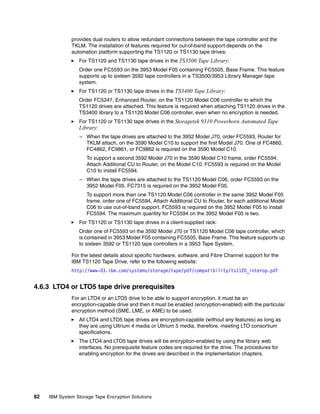 provides dual routers to allow redundant connections between the tape controller and the
              TKLM. The installation of features required for out-of-band support depends on the
              automation platform supporting the TS1120 or TS1130 tape drives:
                 For TS1120 and TS1130 tape drives in the TS3500 Tape Library:
                 Order one FC5593 on the 3953 Model F05 containing FC5505, Base Frame. This feature
                 supports up to sixteen 3592 tape controllers in a TS3500/3953 Library Manager tape
                 system.
                 For TS1120 or TS1130 tape drives in the TS3400 Tape Library:
                 Order FC5247, Enhanced Router, on the TS1120 Model C06 controller to which the
                 TS1120 drives are attached. This feature is required when attaching TS1120 drives in the
                 TS3400 library to a TS1120 Model C06 controller, even when no encryption is needed.
                 For TS1120 or TS1130 tape drives in the Storagetek 9310 Powerhorn Automated Tape
                 Library:
                  – When the tape drives are attached to the 3952 Model J70, order FC5593, Router for
                    TKLM attach, on the 3590 Model C10 to support the first Model J70. One of FC4860,
                    FC4862, FC9861, or FC9862 is required on the 3590 Model C10.
                     To support a second 3592 Model J70 in the 3590 Model C10 frame, order FC5594,
                     Attach Additional CU to Router, on the Model C10. FC5593 is required on the Model
                     C10 to install FC5594.
                  – When the tape drives are attached to the TS1120 Model C06, order FC5593 on the
                    3952 Model F05. FC7315 is required on the 3952 Model F05.
                     To support more than one TS1120 Model C06 controller in the same 3952 Model F05
                     frame, order one of FC5594, Attach Additional CU to Router, for each additional Model
                     C06 to use out-of-band support. FC5593 is required on the 3952 Model F05 to install
                     FC5594. The maximum quantity for FC5594 on the 3952 Model F05 is two.
                 For TS1120 or TS1130 tape drives in a client-supplied rack:
                 Order one of FC5593 on the 3592 Model J70 or TS1120 Model C06 tape controller, which
                 is contained in 3953 Model F05 containing FC5505, Base Frame. This feature supports up
                 to sixteen 3592 or TS1120 tape controllers in a 3953 Tape System.

              For the latest details about specific hardware, software, and Fibre Channel support for the
              IBM TS1120 Tape Drive, refer to the following website:
              http://www-03.ibm.com/systems/storage/tape/pdf/compatibility/ts1120_interop.pdf


4.6.3 LTO4 or LTO5 tape drive prerequisites
              For an LTO4 or an LTO5 drive to be able to support encryption, it must be an
              encryption-capable drive and then it must be enabled (encryption-enabled) with the particular
              encryption method (SME, LME, or AME) to be used:
                 All LTO4 and LTO5 tape drives are encryption-capable (without any features) as long as
                 they are using Ultrium 4 media or Ultrium 5 media, therefore, meeting LTO consortium
                 specifications.
                 The LTO4 and LTO5 tape drives will be encryption-enabled by using the library web
                 interfaces. No prerequisite feature codes are required for the drive. The procedures for
                 enabling encryption for the drives are described in the implementation chapters.




82   IBM System Storage Tape Encryption Solutions
 