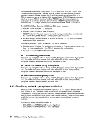 To control IBM TS1120 Tape Drives or IBM TS1130 Tape Drives in an IBM TS3400 Tape
              Library, the IBM TS1120 Tape Controller must be installed in a client-supplied rack that
              usually contains the TS3400 libraries also. The TS3400 supports one or two TS1120 or
              TS1130 tape drives and up to eighteen 3592 tape cartridges. A TS1120 tape controller can
              attach up to seven TS3400 tape libraries. Each TS3400 tape library can only access
              cartridges in its own library. Only tape drives installed in TS3400 tape libraries can be
              connected to a TS1120 tape controller that has installed FC9014, Attach TS3400 to CU.

              The IBM TS1120 Tape Controller (3592 Model C06) feature codes are:
                 FC9014, Attach TS3400 to CU, is required.
                 FC4641, Install Controller in Rack, is required.
                 FC5247, Enhanced Router, is required to provide management interface connections to
                 the TS3400 library and to the IBM TS3000 System Console (TSSC).
                 FC3478, Dual Ported Fibre Adapter, is required on the IBM TS1120 Tape Controller for
                 attachment of 3592 tape drives.

              The IBM TS3400 Tape Library (3577 Model L5U) feature codes are:
                 FC9014, Attach TS3400 to CU, is required and provides an Ethernet cable to connect the
                 library to the enhanced router in the TS1120 tape controller configuration.
                 FC7004, TS3400 Rack Mount Kit, is required.


              TS3310 tape library prerequisites
              To support any encryption, order no-charge FC9900, Encryption Configuration. If you plan to
              use LME or SME encryption methods, also order chargeable FC5900, Transparent LTO
              Encryption. The AME encryption method does not require FC5900.

              TS3200 or TS3100 tape library prerequisites
              To support any encryption, order no-charge FC9900, Encryption Configuration. If you plan to
              use LME or SME encryption methods, also order chargeable FC5900, Transparent LTO
              Encryption. The AME encryption method does not require FC5900.

              TS2900 tape autoloader prerequisites
              To support any encryption, order no-charge FC9900, Encryption Configuration. If you plan to
              use LME or SME encryption methods, also order chargeable FC5901, Transparent LTO
              Encryption. The AME method does not require FC5901.


4.6.5 Other library and rack open systems installations
              When you install encryption-capable TS1120 tape drives or TS1130 tape drives in either a
              3592 Model C20 Silo Compatible Frame or in a 19-inch rack and you intend to use tape
              cartridges from a common scratch pool, minimum microcode levels are required for any other
              3592-J1A drive or any TS1120 drive without the encryption capability. These microcode levels
              enable the non-encryption-capable drives to recognize the encrypted data format on a
              cartridge.

              The minimum level of microcode firmware is:
                 D3I0_851 for the IBM 3592-J1A Enterprise Tape Drive
                 D3I1_919 for the IBM TS1120 Tape Drive (3592-E05)




84   IBM System Storage Tape Encryption Solutions
 
