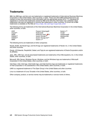 Trademarks
IBM, the IBM logo, and ibm.com are trademarks or registered trademarks of International Business Machines
Corporation in the United States, other countries, or both. These and other IBM trademarked terms are
marked on their first occurrence in this information with the appropriate symbol (® or ™), indicating US
registered or common law trademarks owned by IBM at the time this information was published. Such
trademarks may also be registered or common law trademarks in other countries. A current list of IBM
trademarks is available on the Web at http://www.ibm.com/legal/copytrade.shtml

The following terms are trademarks of the International Business Machines Corporation in the United States,
other countries, or both:
   AIX®                                 Passport Advantage®                   System z™
   Chipkill™                            Redbooks®                             Tivoli®
   DB2®                                 Redbooks (logo)   ®                   TotalStorage®
   DS6000™                              System Storage™                       WebSphere®
   DS8000™                              System Storage DS™                    z/OS®
   IBM®                                 System x™

The following terms are trademarks of other companies:

Novell, SUSE, the Novell logo, and the N logo are registered trademarks of Novell, Inc. in the United States
and other countries.

Oracle, JD Edwards, PeopleSoft, Siebel, and TopLink are registered trademarks of Oracle Corporation and/or
its affiliates.

Java, JRE, JVM, Sun, and all Java-based trademarks are trademarks of Sun Microsystems, Inc. in the United
States, other countries, or both.

Microsoft, SQL Server, Windows Server, Windows, and the Windows logo are trademarks of Microsoft
Corporation in the United States, other countries, or both.

Intel Xeon, Intel, Intel logo, Intel Inside logo, and Intel Centrino logo are trademarks or registered trademarks
of Intel Corporation or its subsidiaries in the United States, other countries, or both.

UNIX is a registered trademark of The Open Group in the United States and other countries.

Linux is a trademark of Linus Torvalds in the United States, other countries, or both.

Other company, product, or service names may be trademarks or service marks of others.




viii   IBM System Storage Productivity Center Deployment Guide
 