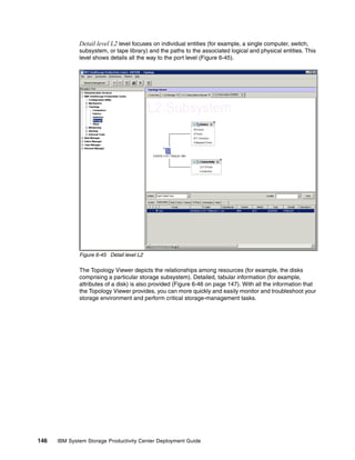 Detail level L2 level focuses on individual entities (for example, a single computer, switch,
              subsystem, or tape library) and the paths to the associated logical and physical entities. This
              level shows details all the way to the port level (Figure 6-45).




              Figure 6-45 Detail level L2

              The Topology Viewer depicts the relationships among resources (for example, the disks
              comprising a particular storage subsystem). Detailed, tabular information (for example,
              attributes of a disk) is also provided (Figure 6-46 on page 147). With all the information that
              the Topology Viewer provides, you can more quickly and easily monitor and troubleshoot your
              storage environment and perform critical storage-management tasks.




146   IBM System Storage Productivity Center Deployment Guide
 