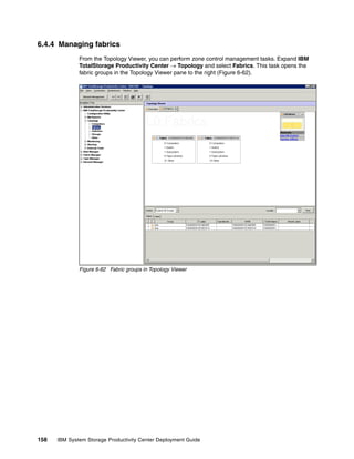 6.4.4 Managing fabrics
              From the Topology Viewer, you can perform zone control management tasks. Expand IBM
              TotalStorage Productivity Center → Topology and select Fabrics. This task opens the
              fabric groups in the Topology Viewer pane to the right (Figure 6-62).




              Figure 6-62 Fabric groups in Topology Viewer




158   IBM System Storage Productivity Center Deployment Guide
 